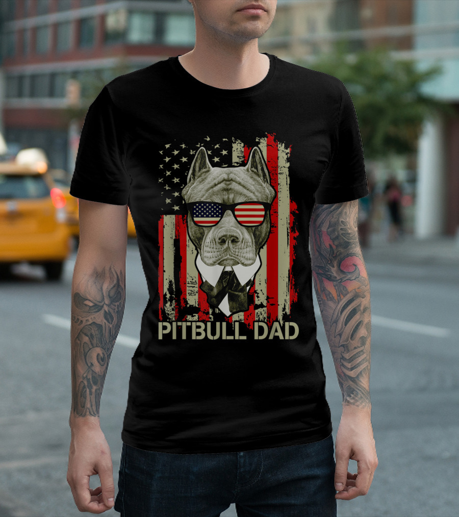Pitbull Dad Patriotic American Flag Sunglasses Fourth of July T-Shirt