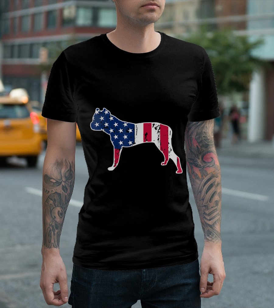 Pitbull Dog Silhouette With American Flag For 4th Of July T-Shirt