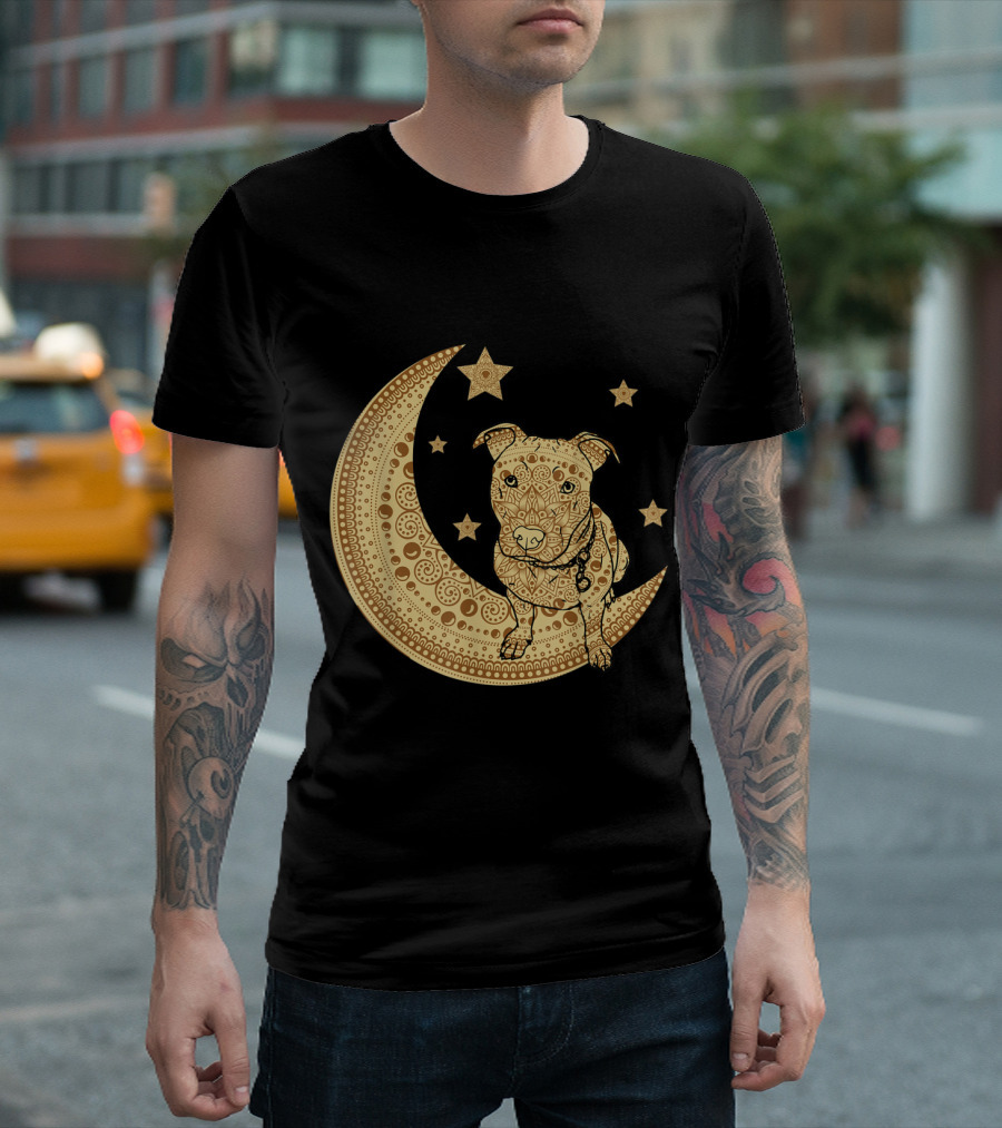 Pitbull Dog Mom Crescent Moon and Stars Mandala Meditation T-Shirt