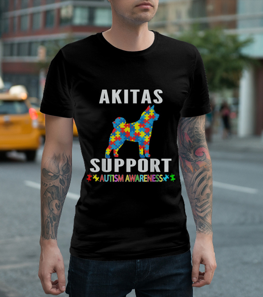 Akitas Support Autism Awareness Puzzle Pattern Dog T-Shirt