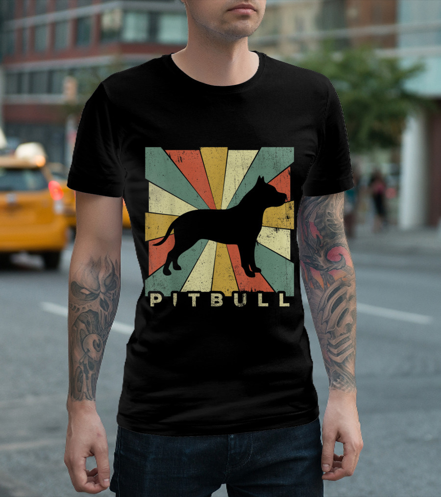 Pitbull Retro 70s Vintage Silhouette with Colorful Rays T-Shirt