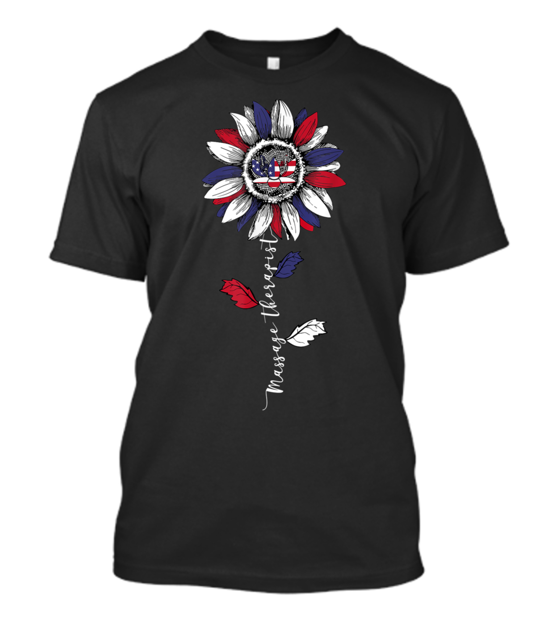 Massage Therapist Sunflower With American Flag Petals In Red White Blue T-Shirt