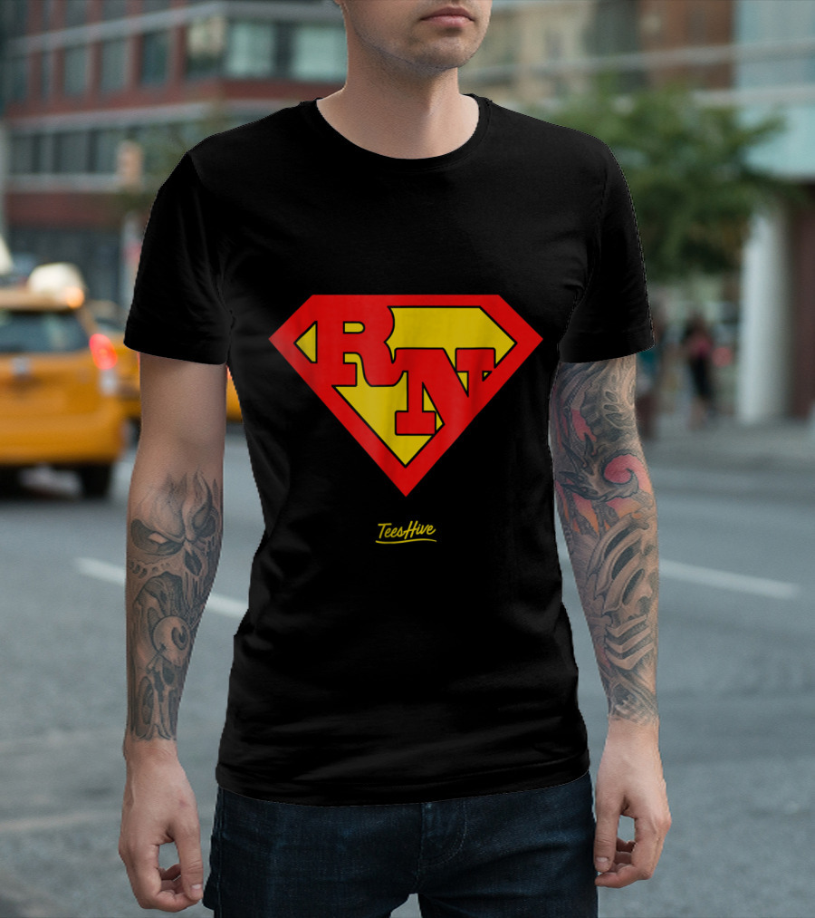RN Superhero Nurse Logo Red Yellow TeesHive T-Shirt