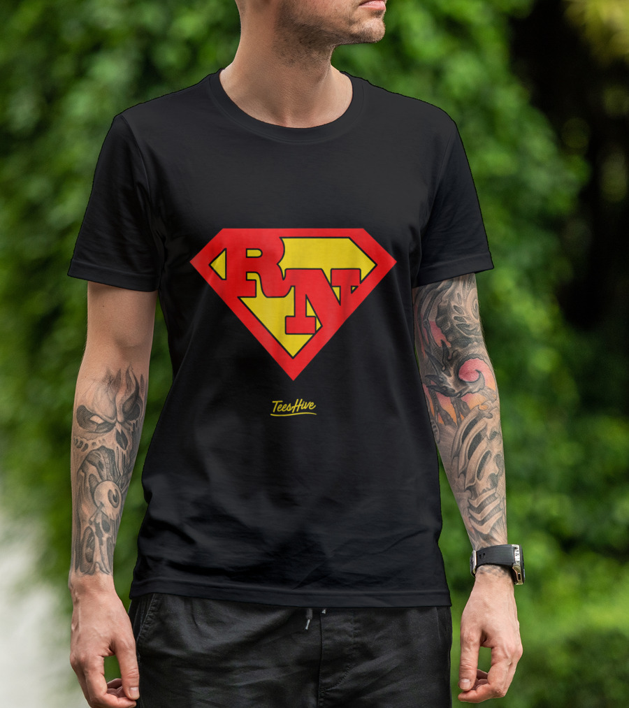 RN Superhero Nurse Logo Red Yellow TeesHive T-Shirt
