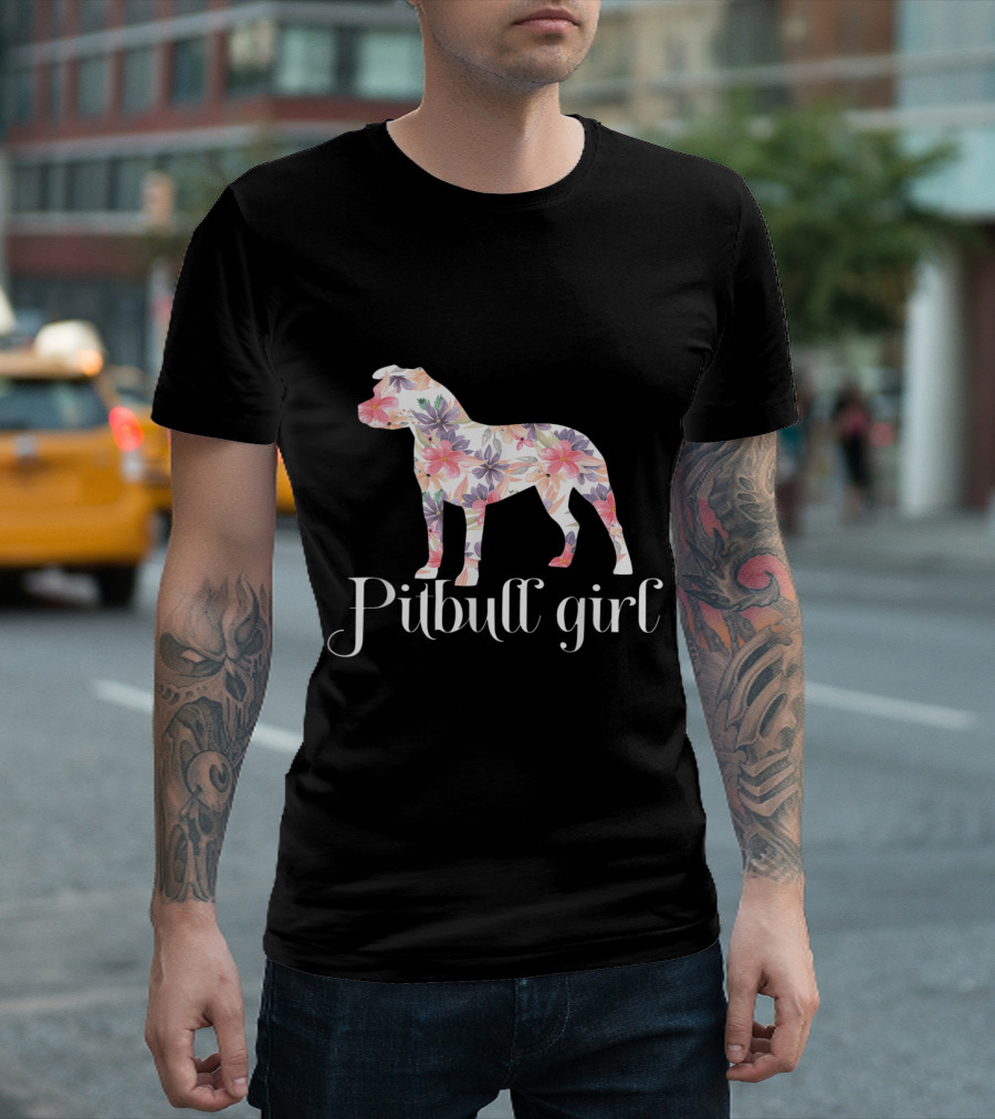 Pitbull Girl Floral Silhouette Art Pitbull T-Shirt