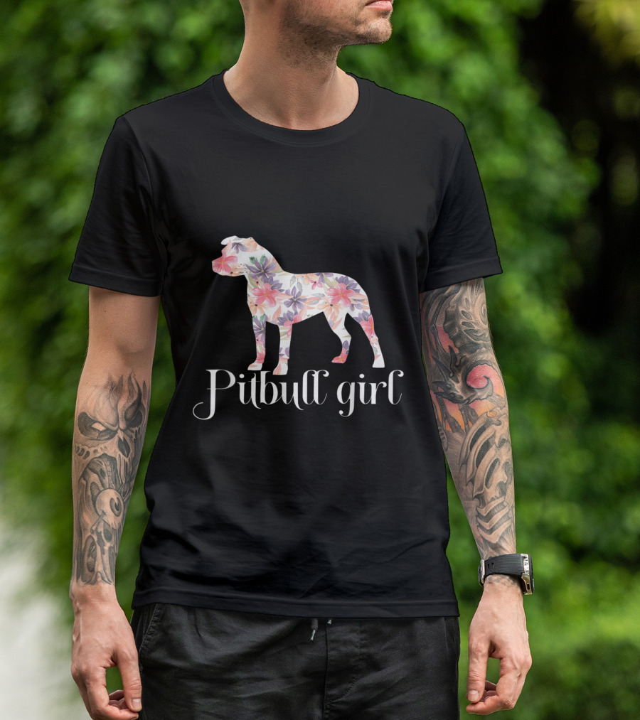 Pitbull Girl Floral Silhouette Art Pitbull T-Shirt