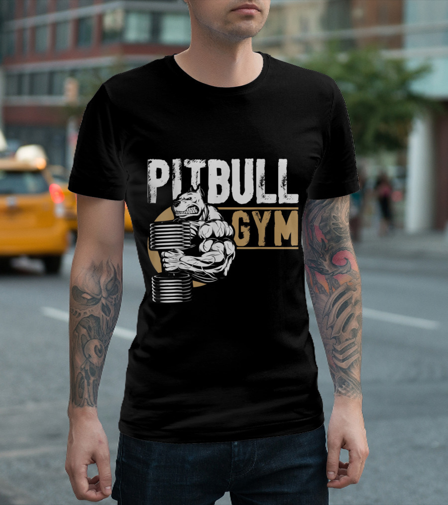 Pitbull Gym Strong Arm Lifting Dumbbells Muscular Dog T-Shirt