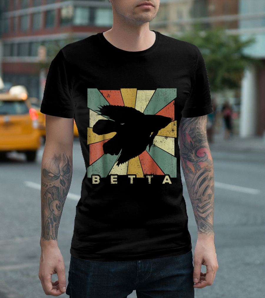 Retro Betta Fish Silhouette on Distressed Multicolor Sunburst Background T-Shirt