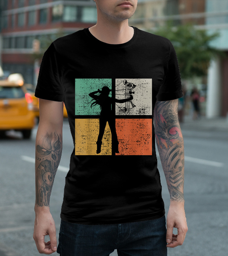 Vintage Bow Hunting Archery Silhouette Retro Style Quadrant Colors T-Shirt