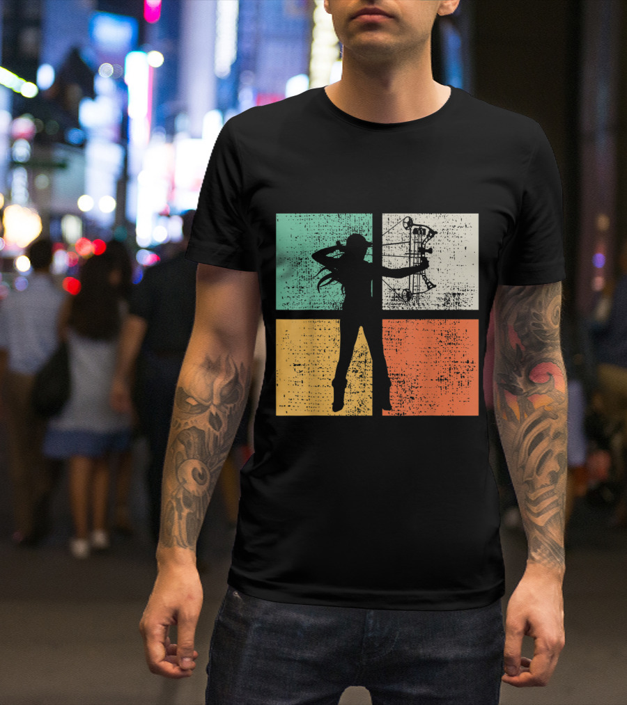 Vintage Bow Hunting Archery Silhouette Retro Style Quadrant Colors T-Shirt