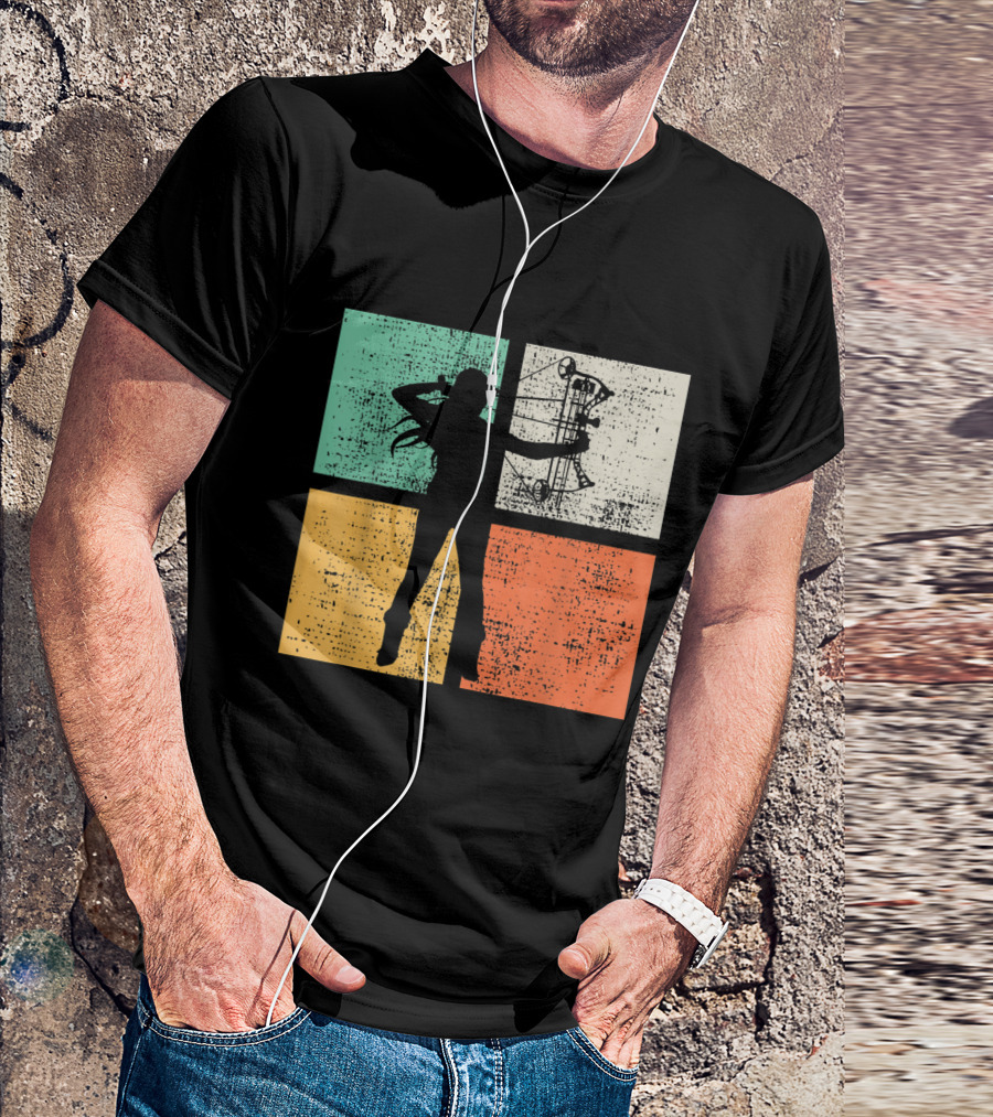 Vintage Bow Hunting Archery Silhouette Retro Style Quadrant Colors T-Shirt