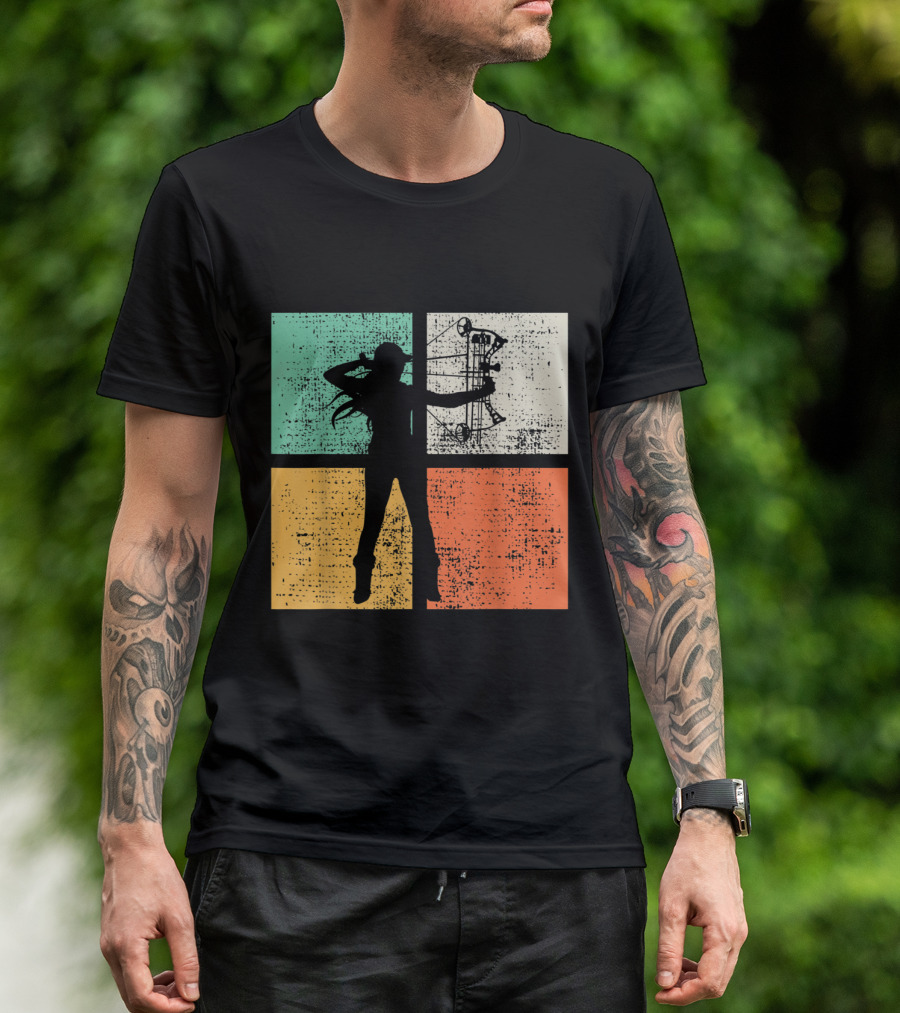 Vintage Bow Hunting Archery Silhouette Retro Style Quadrant Colors T-Shirt