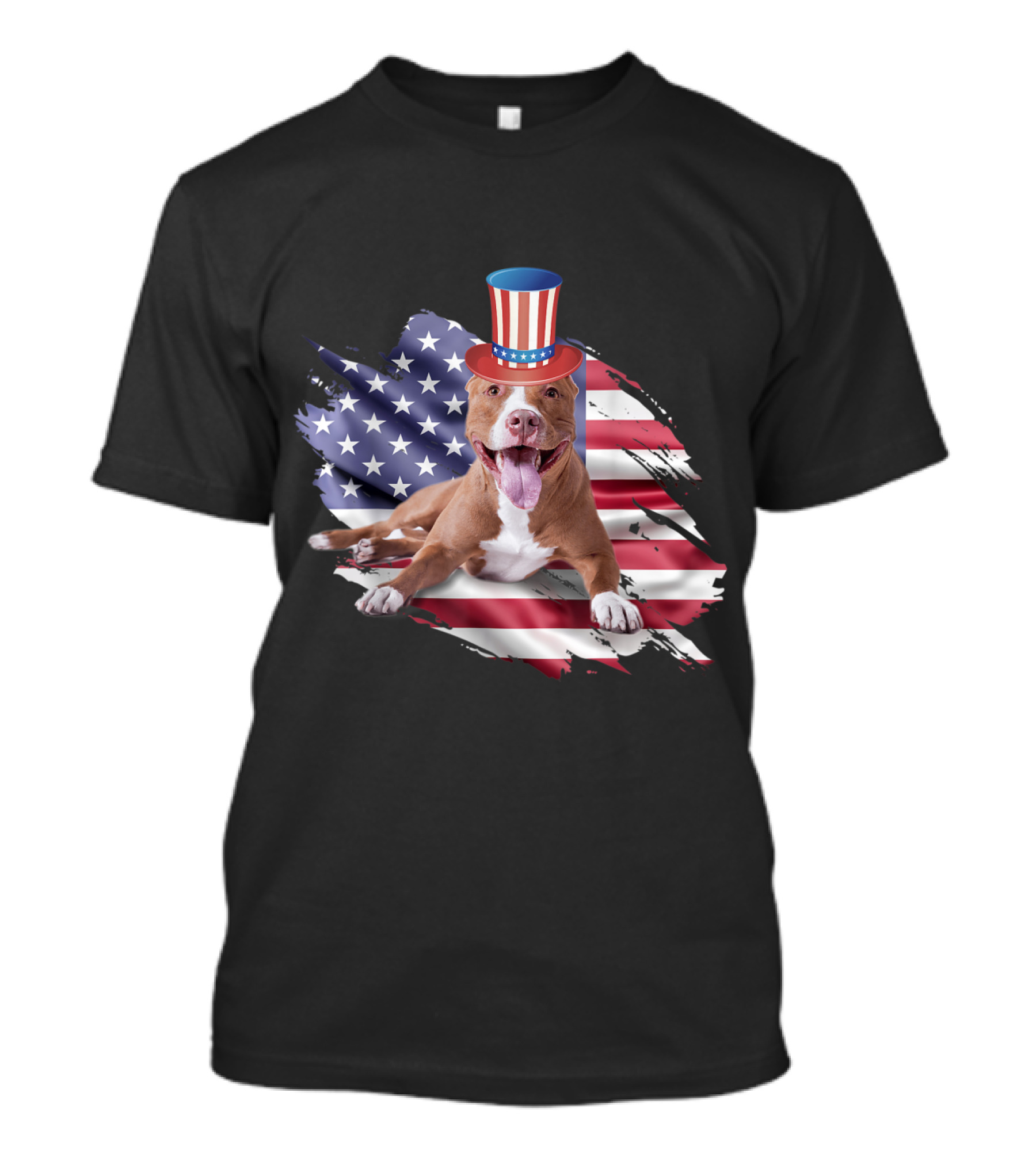 Pitbull With Uncle Sam Hat On American Flag Background 4th Of July Merica T-Shirt