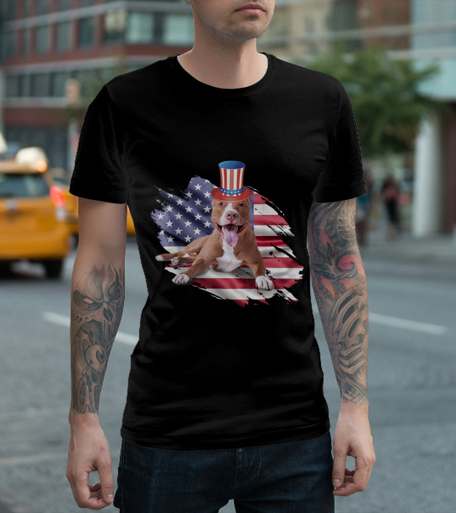 Pitbull With Uncle Sam Hat On American Flag Background 4th Of July Merica T-Shirt