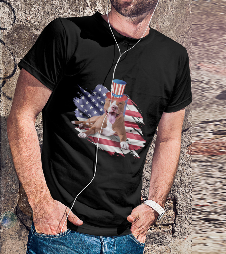 Pitbull With Uncle Sam Hat On American Flag Background 4th Of July Merica T-Shirt