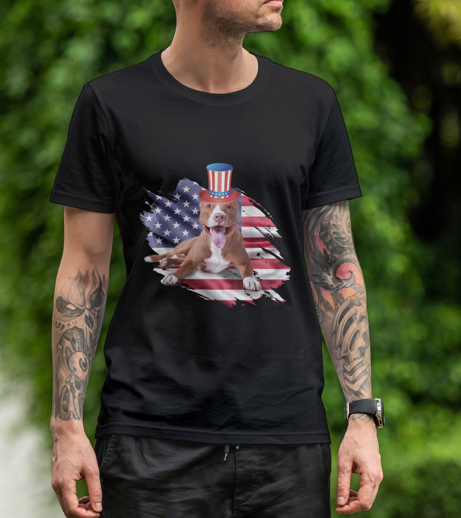 Pitbull With Uncle Sam Hat On American Flag Background 4th Of July Merica T-Shirt