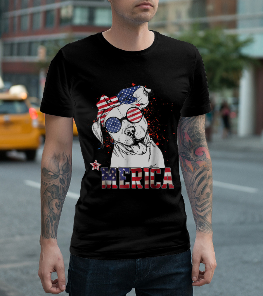 Pitbull Merica USA Flag Sunglasses Bandana Patriotic 4th of July T-Shirt