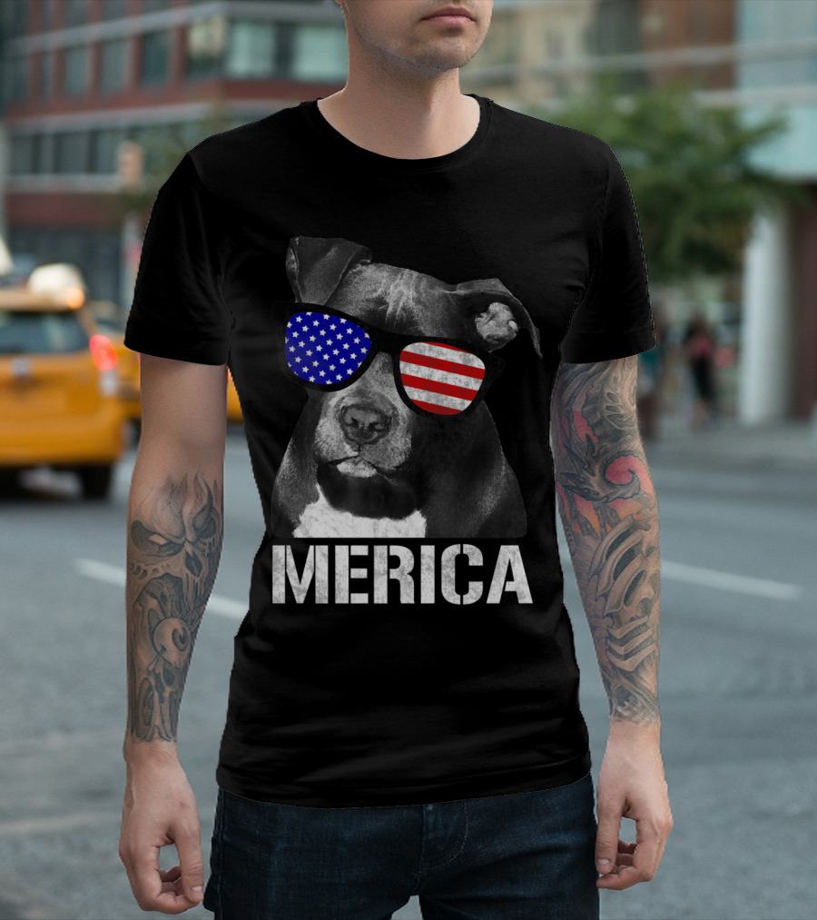 Pitbull Merica Dog With Patriotic American Flag Sunglasses T-Shirt
