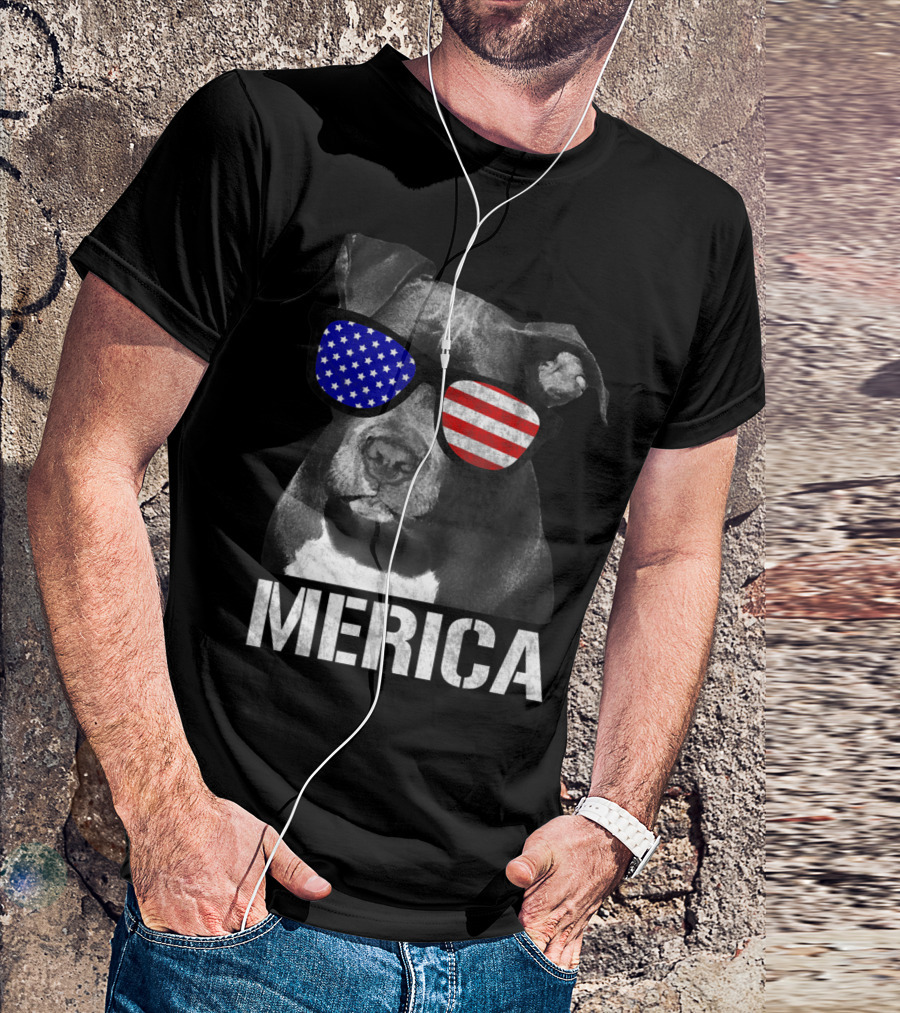 Pitbull Merica Dog With Patriotic American Flag Sunglasses T-Shirt