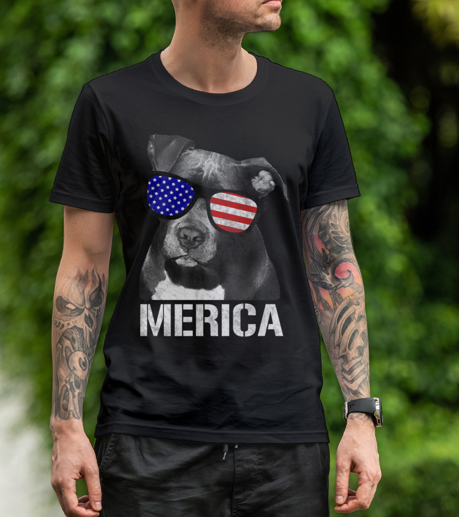 Pitbull Merica Dog With Patriotic American Flag Sunglasses T-Shirt