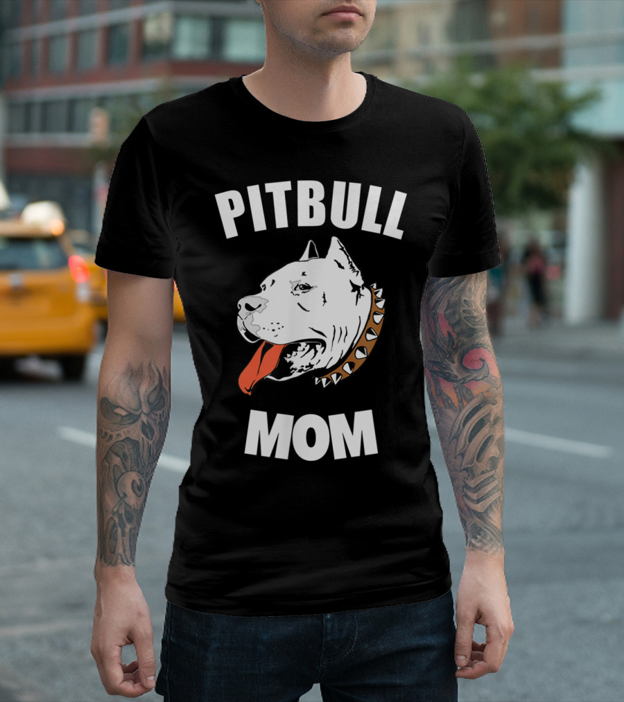 Pitbull Mom with Fierce Bully Dog Illustration and Spiked Collar T-Shirt