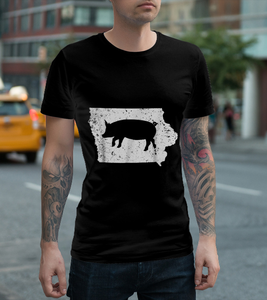 Iowa Pig Silhouette on State Outline - Support Your Local Iowa Hog Farmers T-Shirt