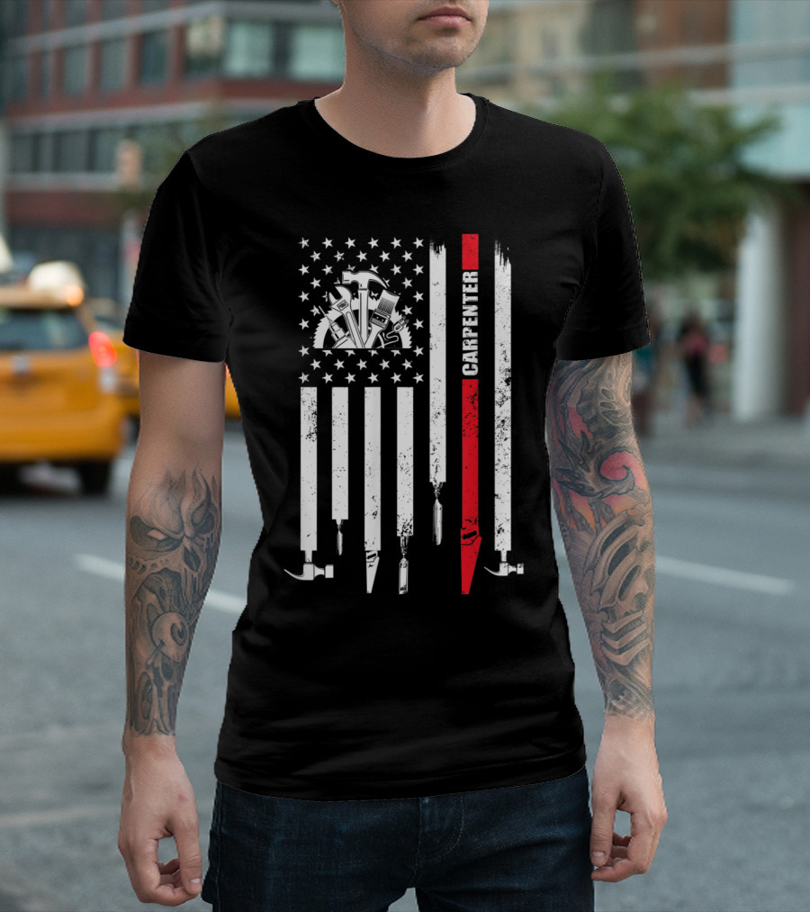 United States Tools Flag With Carpenter And Distressed Hammer T-Shirt