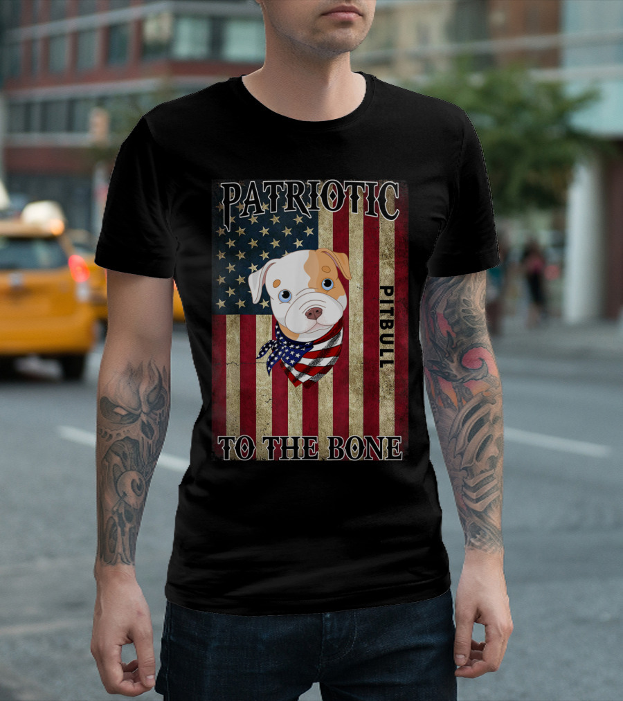 Patriotic Pitbull To the Bone with American Flag Background T-Shirt