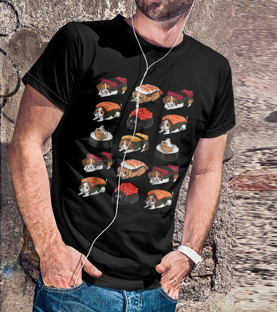 Beagle Sushi Nigiri And Maki Pattern With Rice And Fish Toppings T-Shirt