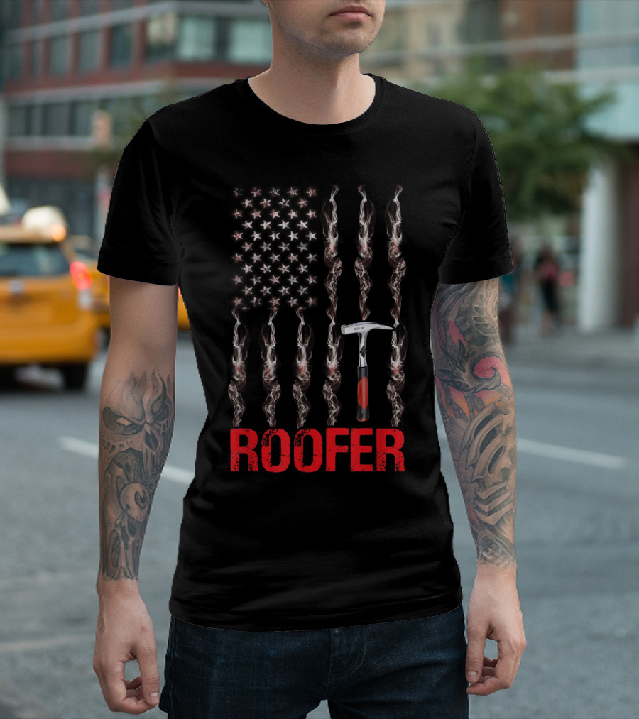 Roofer American Flag Design with Hammer and Patriotic T-Shirt