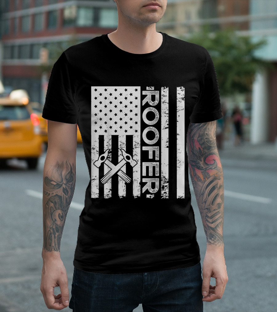 Roofer American Flag with Crossed Hammers T-Shirt