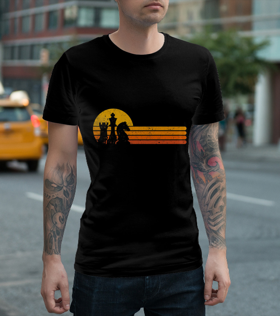Vintage Chess Player Silhouette Against Retro Sunset Background T-Shirt