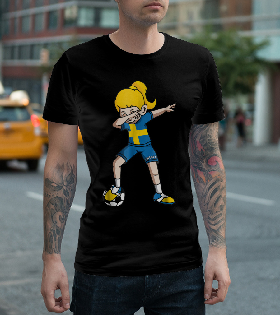 Sweden Flag Dabbing Soccer Girl Fan With Football T-Shirt