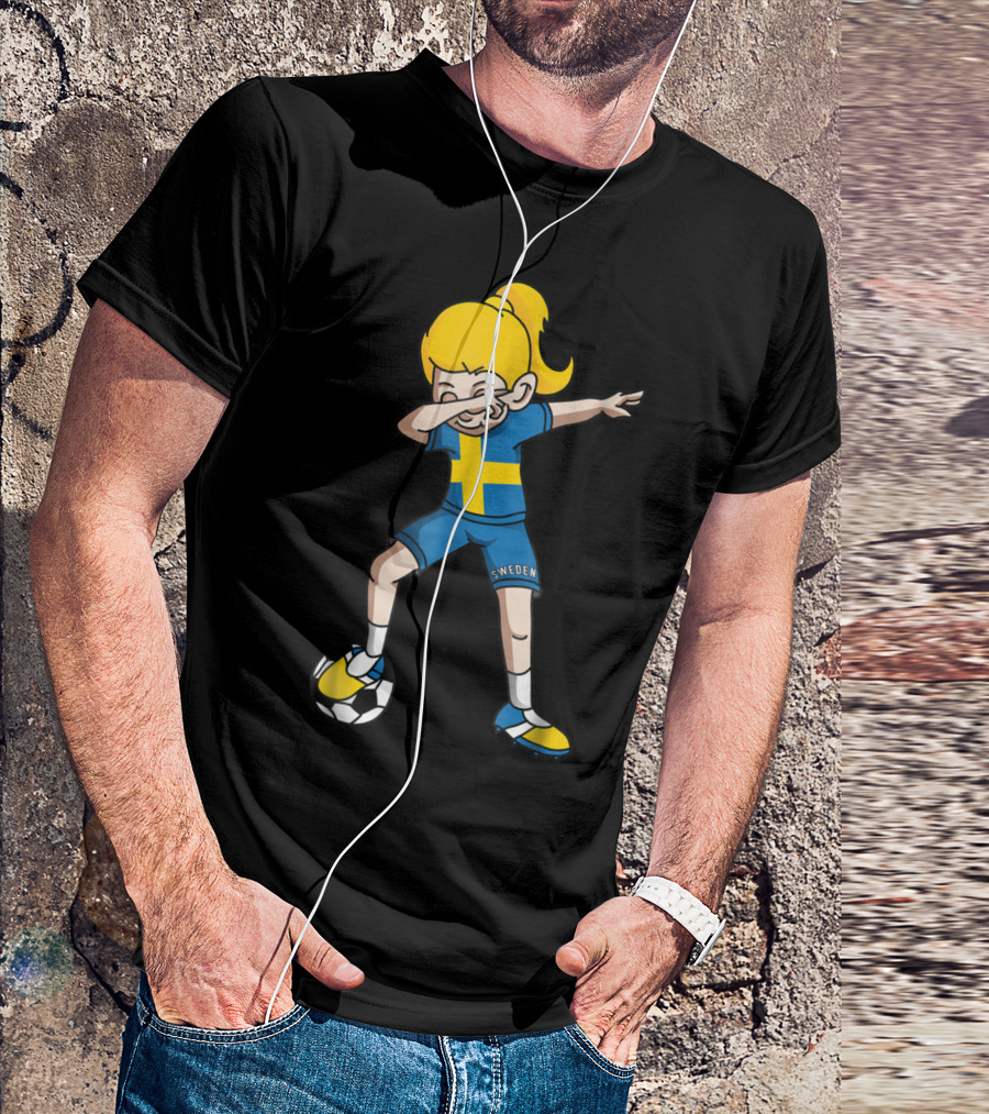 Sweden Flag Dabbing Soccer Girl Fan With Football T-Shirt