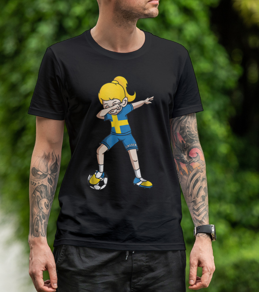 Sweden Flag Dabbing Soccer Girl Fan With Football T-Shirt