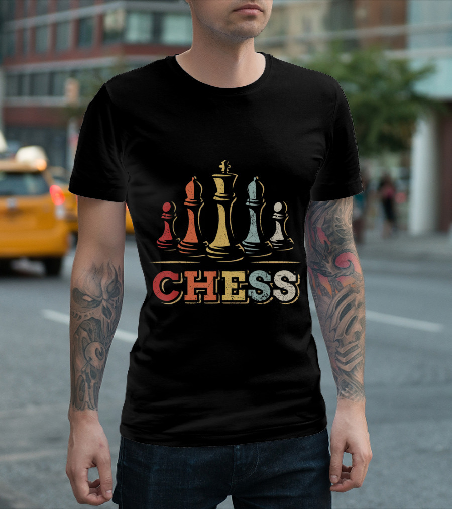 Vintage Chess Colorful Distressed Pieces And Text T-Shirt
