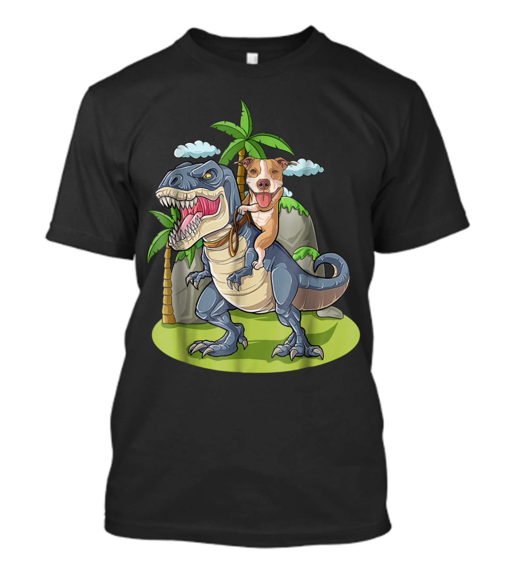 Pitbull Riding T-Rex Like A Boss With Palm Trees And Clouds T-Shirt