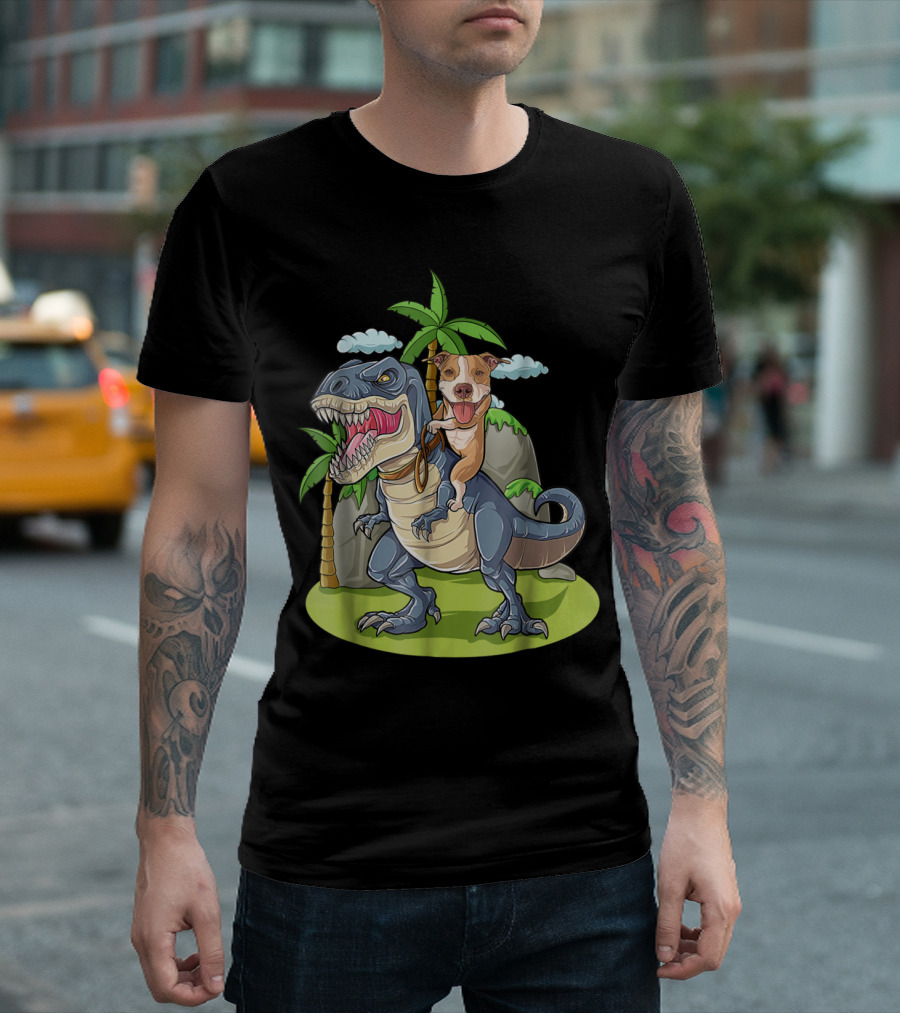 Pitbull Riding T-Rex Like A Boss With Palm Trees And Clouds T-Shirt