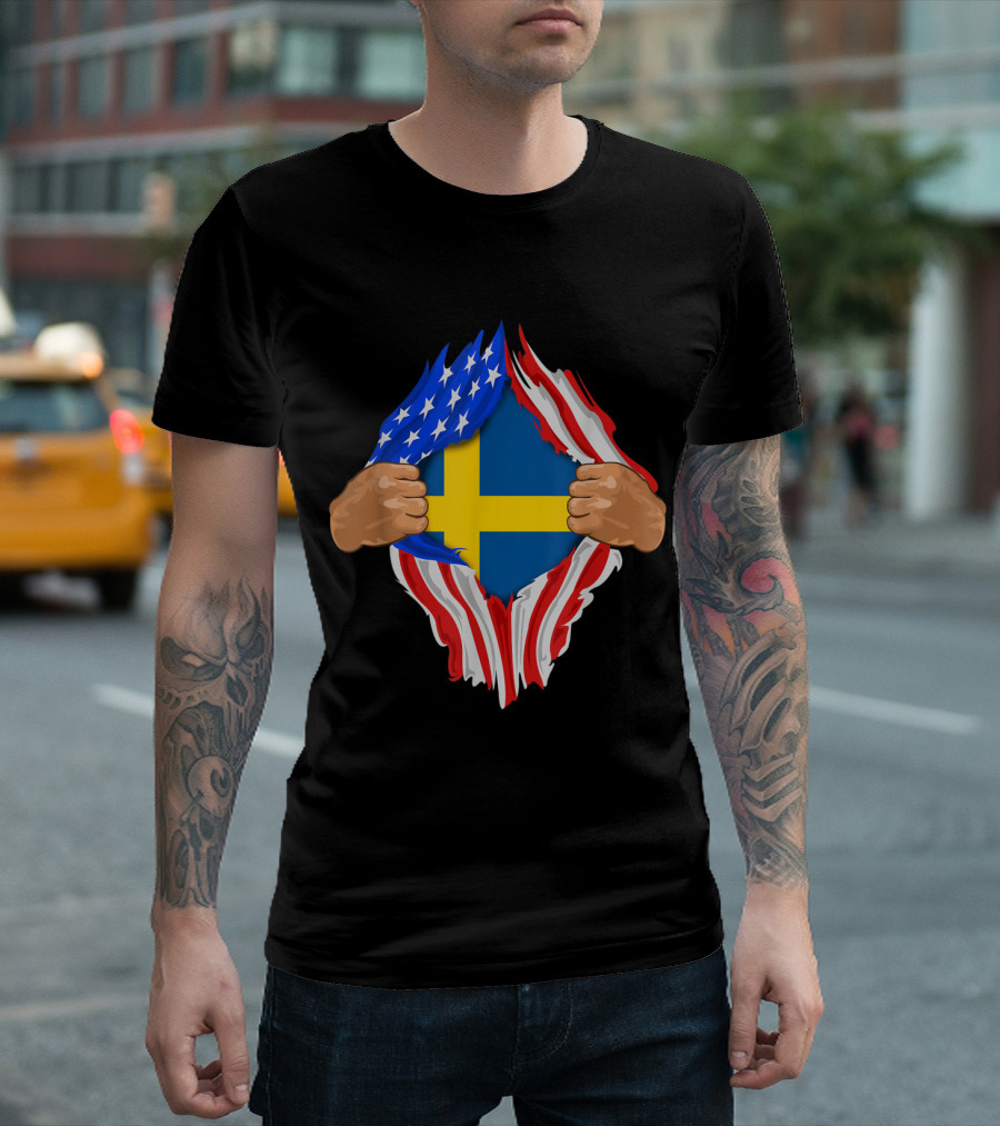 Torn American Flag Revealing Swedish Flag Hidden Within T-Shirt