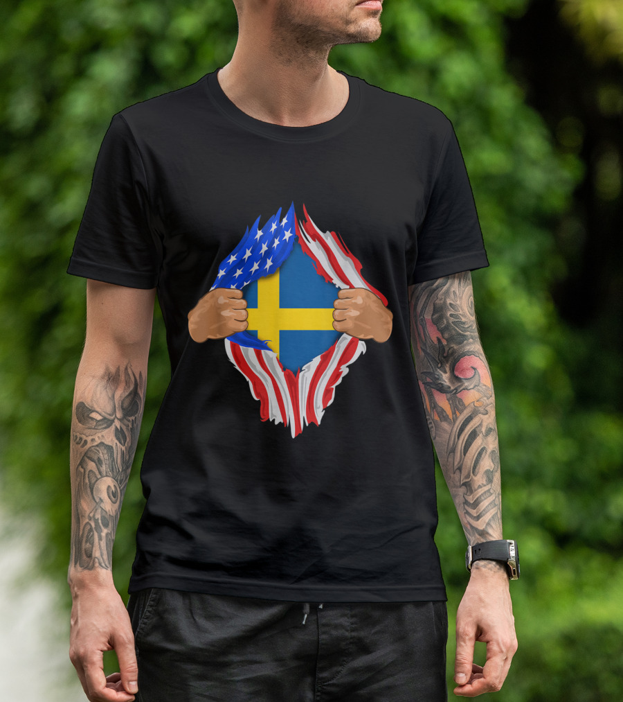 Torn American Flag Revealing Swedish Flag Hidden Within T-Shirt