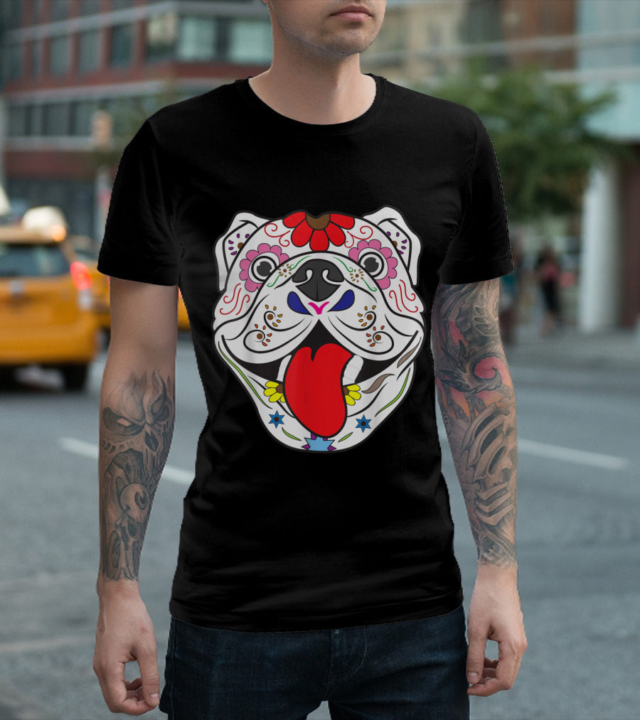 Pitbull Sugar Skull Colorful Floral Dia De Los Muertos T-Shirt