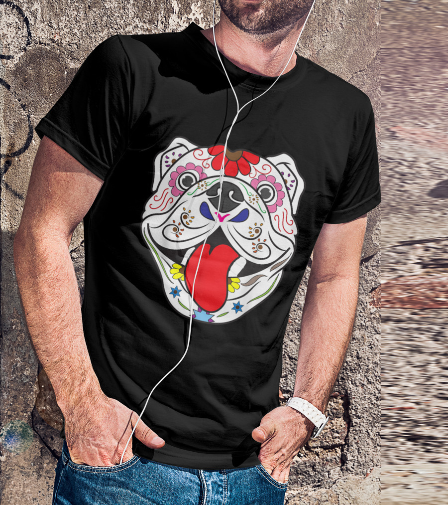 Pitbull Sugar Skull Colorful Floral Dia De Los Muertos T-Shirt