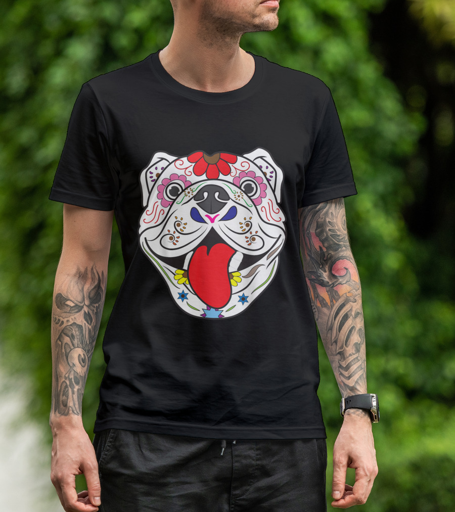 Pitbull Sugar Skull Colorful Floral Dia De Los Muertos T-Shirt