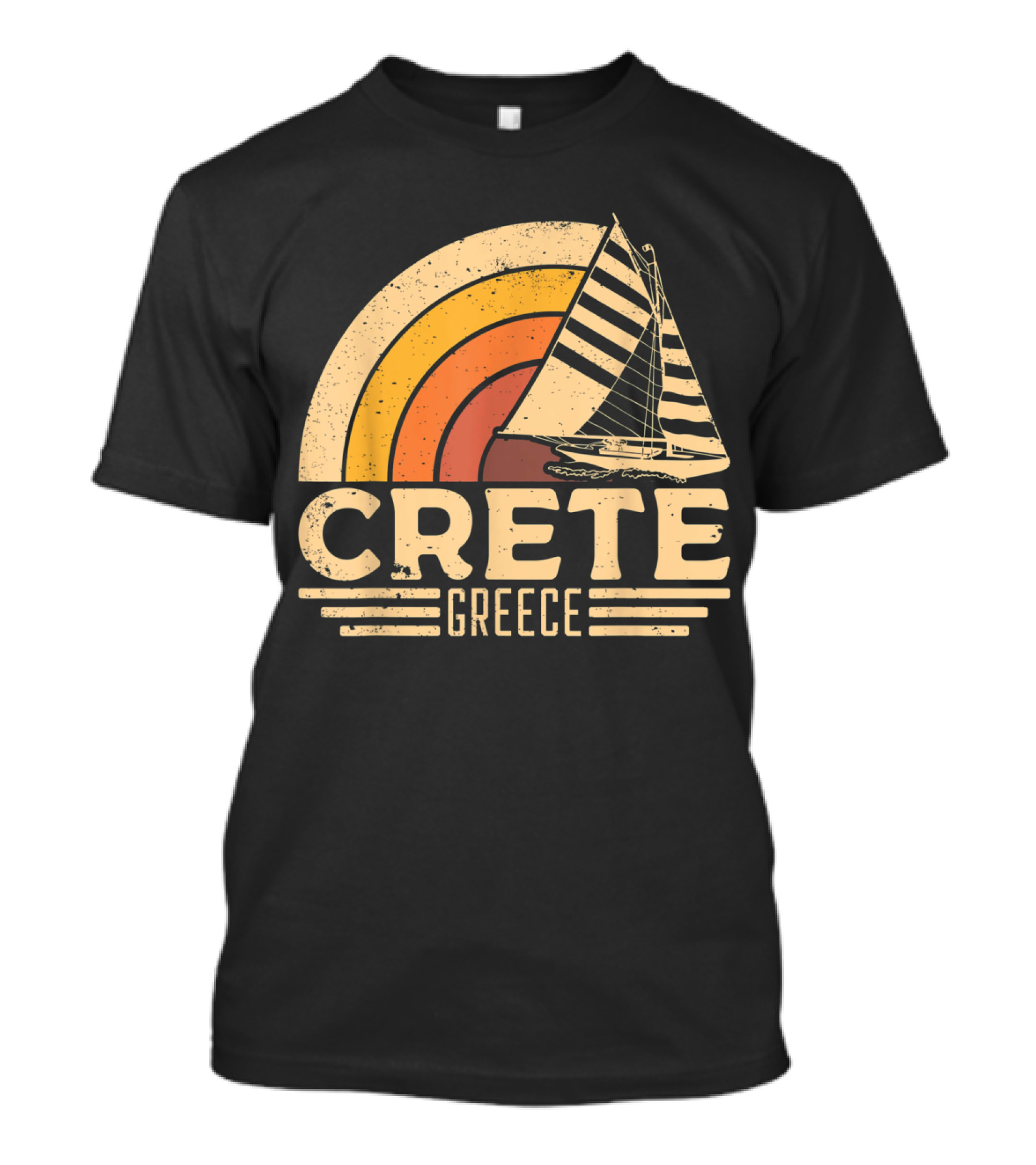 Retro Crete Greece Sailing With Vintage Sunset Stripes T-Shirt