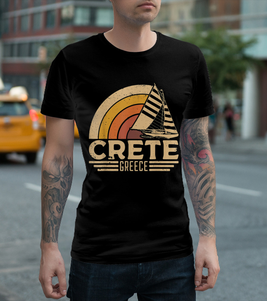 Retro Crete Greece Sailing With Vintage Sunset Stripes T-Shirt