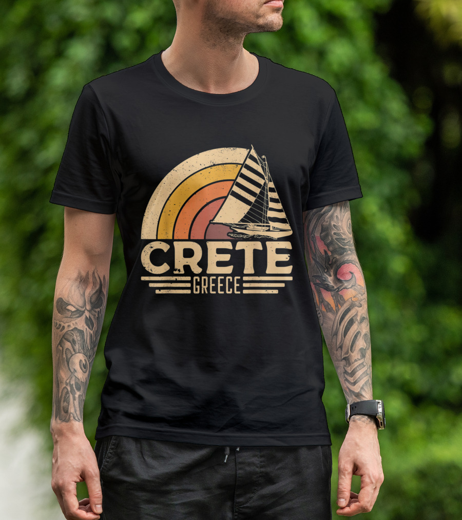 Retro Crete Greece Sailing With Vintage Sunset Stripes T-Shirt