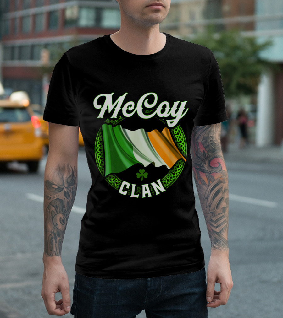 McCoy Clan Irish Surname with Shamrock and Celtic Flag Elements T-Shirt
