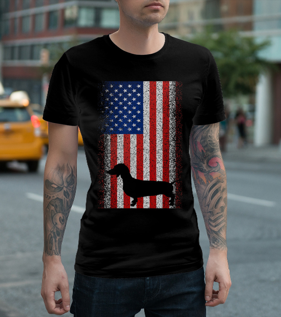 Vintage Dachshund Silhouette Patriotic American Flag T-Shirt