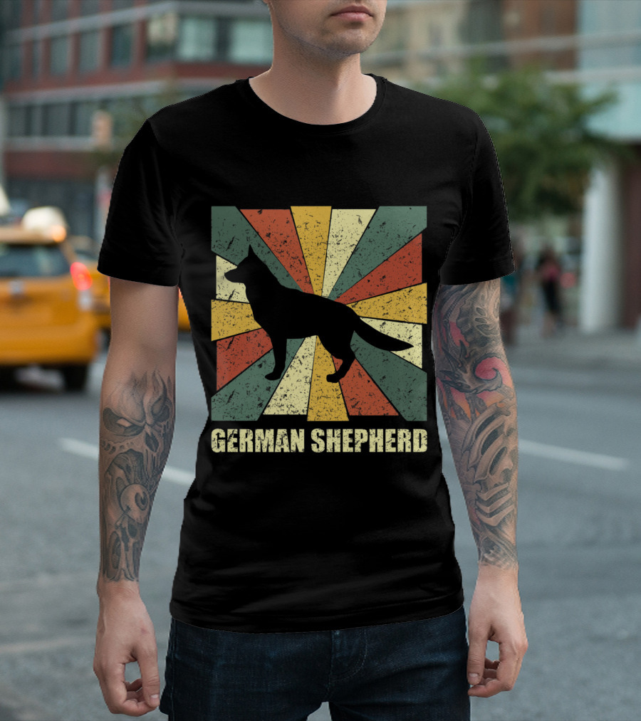 Vintage German Shepherd Dog Lover Retro Silhouette With Colorful Geometric Background T-Shirt