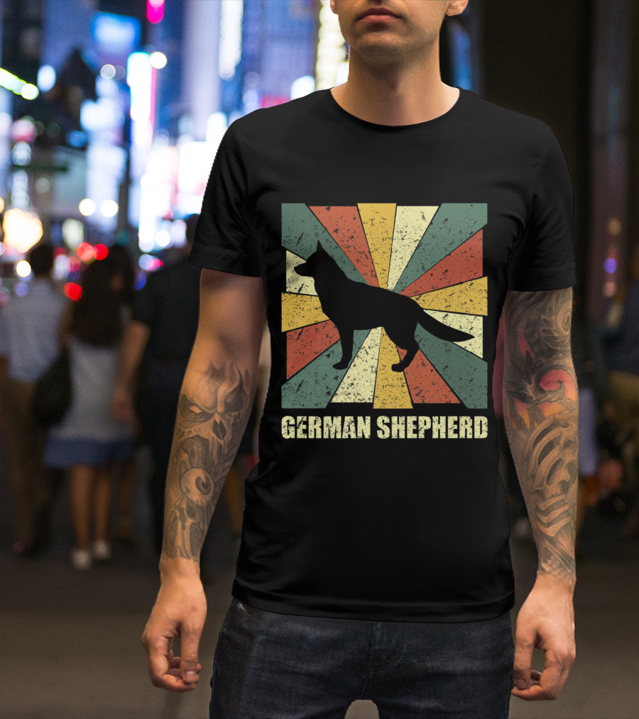 Vintage German Shepherd Dog Lover Retro Silhouette With Colorful Geometric Background T-Shirt